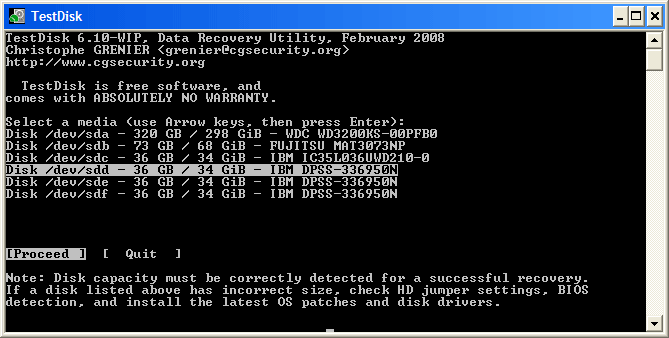 TestDisk disk selection screen showing available drives