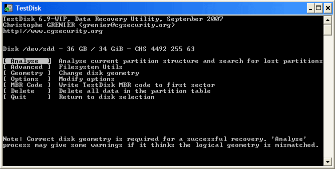 TestDisk main menu with Analyse, Advanced, and MBR Code options