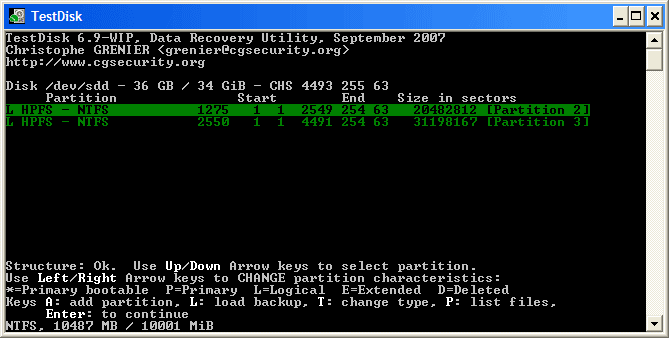 TestDisk partition search results showing recovered partitions