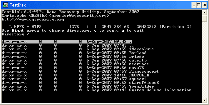 TestDisk file listing from a recovered partition