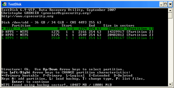 TestDisk deeper search results with additional recovered partitions